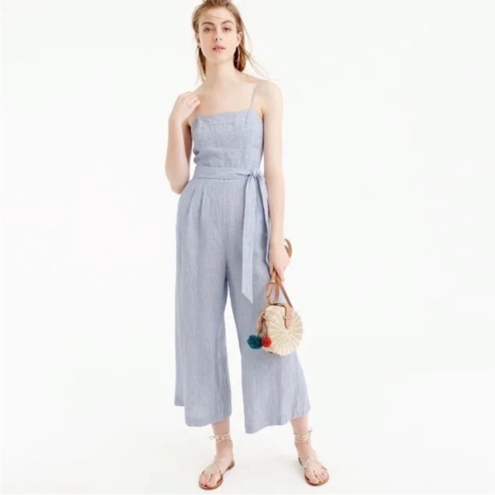 J Crew Linen Striped Tie Jumpsuit